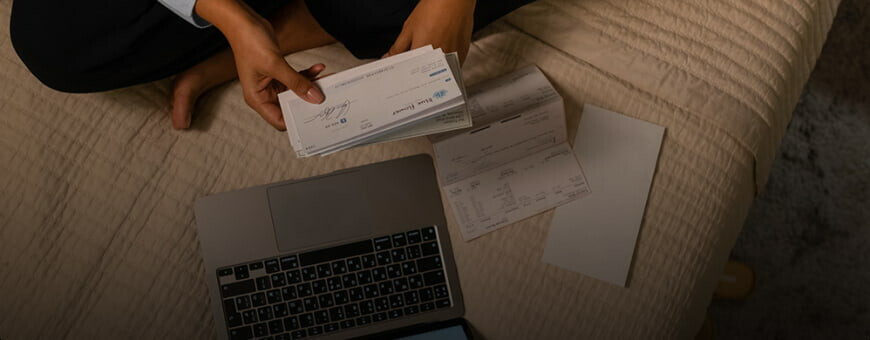 A girl is sitting on the bed and holding checks
